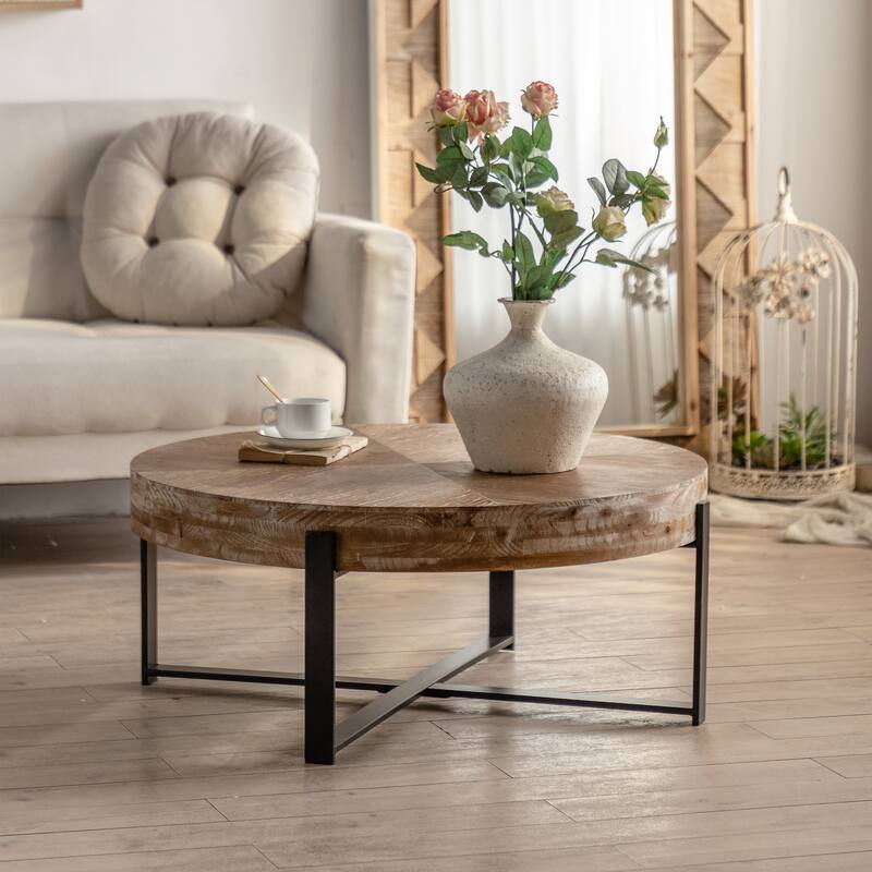 31.29"Modern Retro Splicing Round Coffee Table, Fir Wood Table Top with